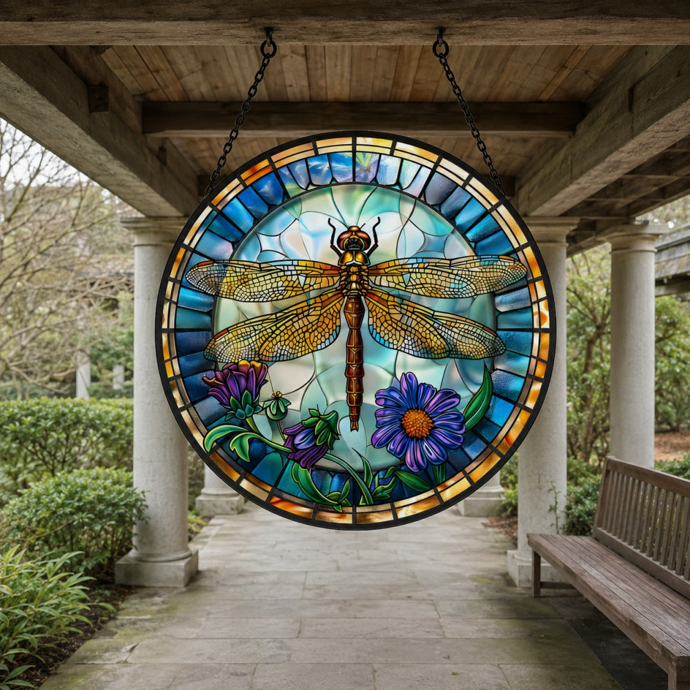 Dragonfly floral stained glass suncatcher window hanging, suitable for home and garden decoration