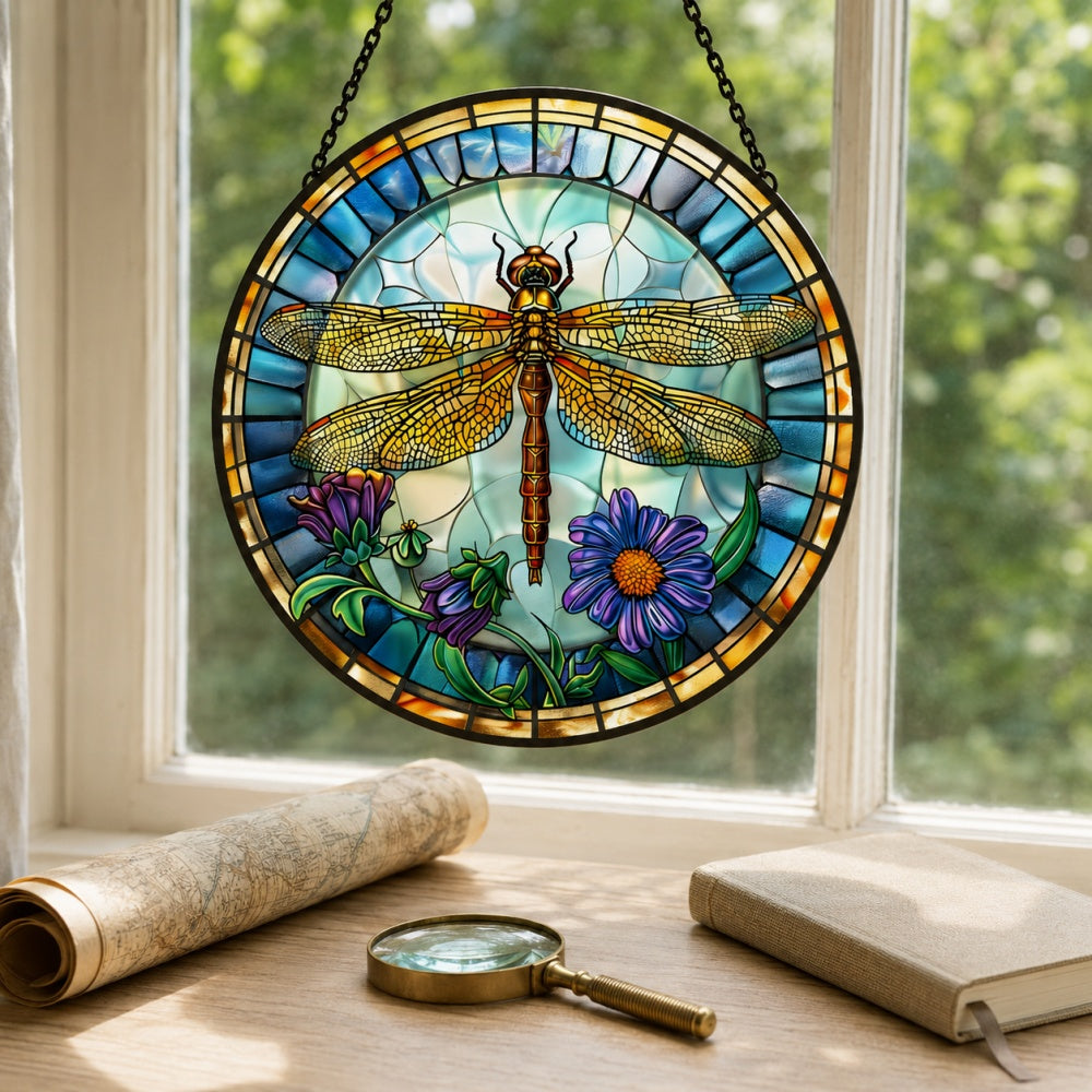 Dragonfly floral stained glass suncatcher window hanging, suitable for home and garden decoration