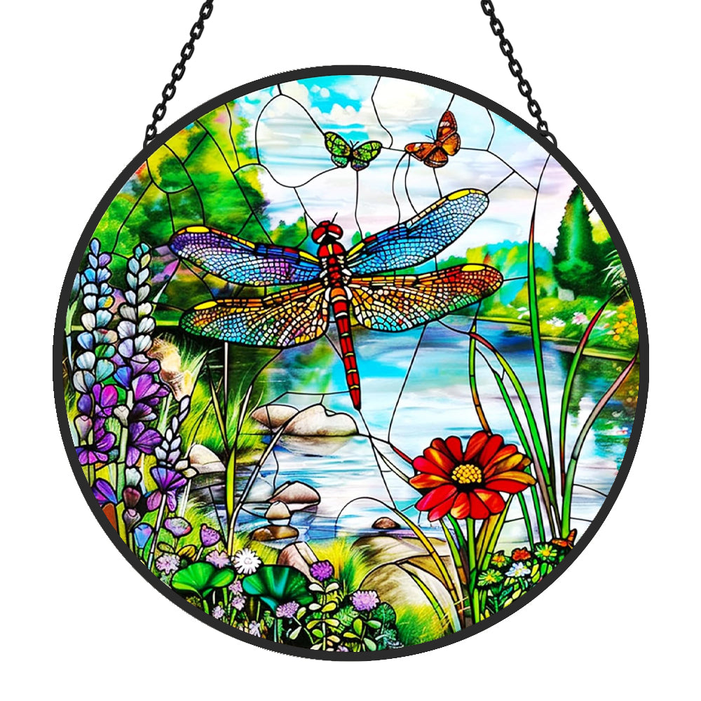 dragonfly garden stained glass suncatcher window hanging, suitable for home and garden decoration.