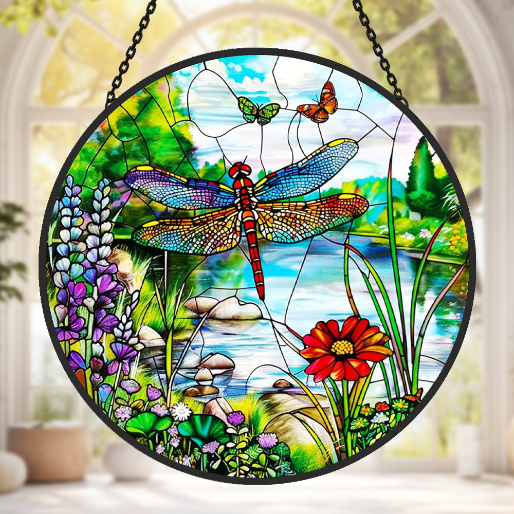 dragonfly garden stained glass suncatcher window hanging, suitable for home and garden decoration.