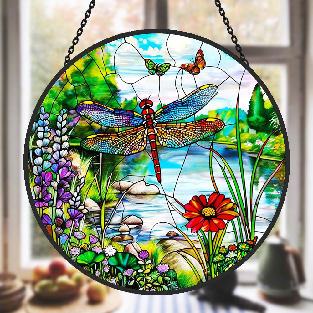dragonfly garden stained glass suncatcher window hanging, suitable for home and garden decoration.