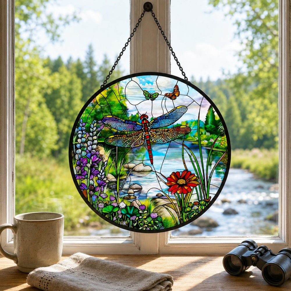 Dragonfly garden stained glass suncatcher window hanging, suitable for home and garden decoration