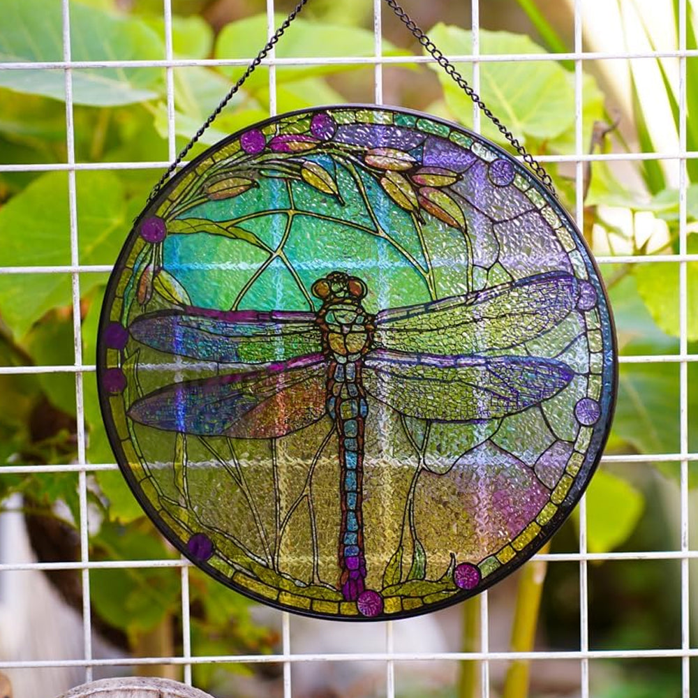 dragonfly stained glass suncatcher window hanging, suitable for home and garden decoration.