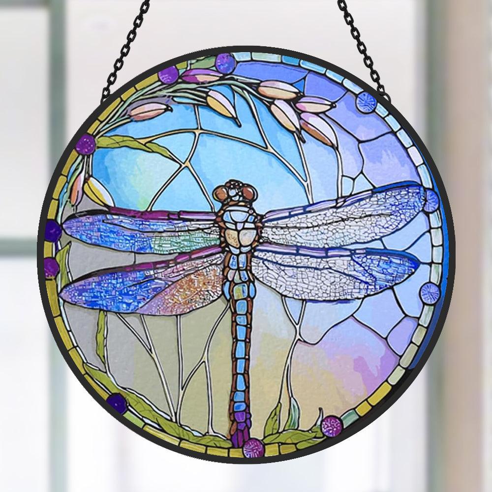 dragonfly stained glass suncatcher window hanging, suitable for home and garden decoration.