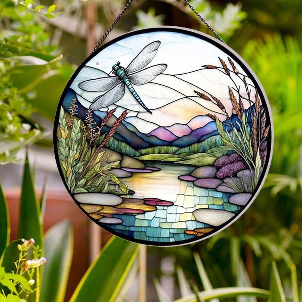 Dragonfly stream landscape stained glass suncatcher window hanging, suitable for home and garden decoration