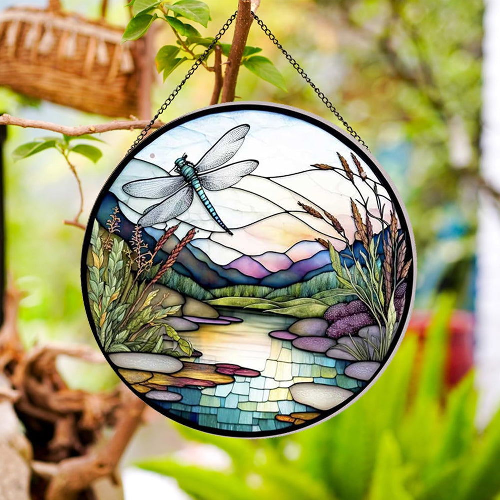 Dragonfly stream landscape stained glass suncatcher window hanging, suitable for home and garden decoration