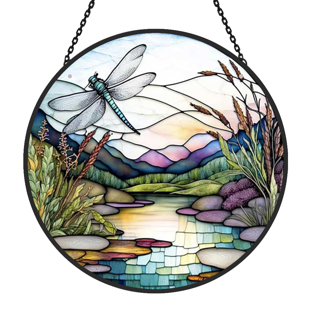 Dragonfly stream landscape stained glass suncatcher window hanging, suitable for home and garden decoration