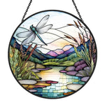 Dragonfly stream landscape stained glass suncatcher window hanging, suitable for home and garden decoration