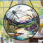 Dragonfly stream landscape stained glass suncatcher window hanging, suitable for home and garden decoration