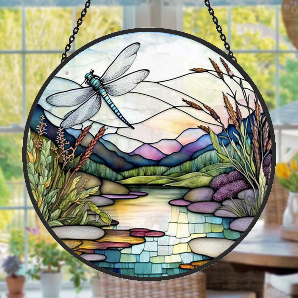 Dragonfly stream landscape stained glass suncatcher window hanging, suitable for home and garden decoration