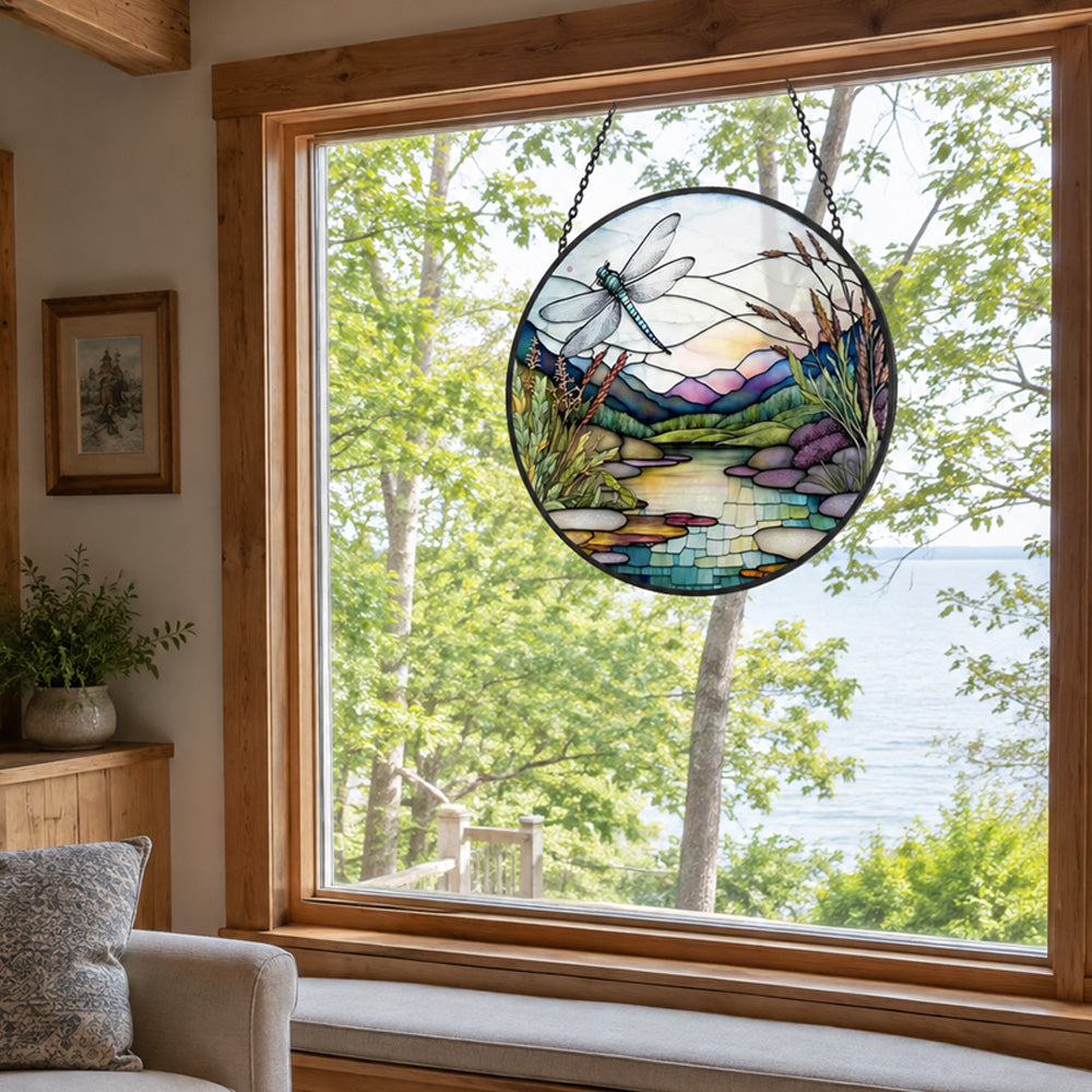 Dragonfly stream landscape stained glass suncatcher window hanging, suitable for home and garden decoration