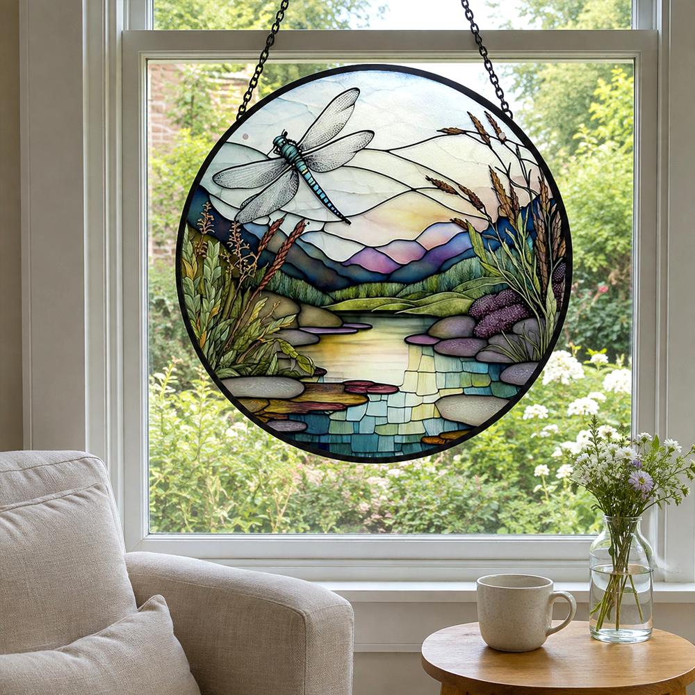 Dragonfly stream landscape stained glass suncatcher window hanging, suitable for home and garden decoration