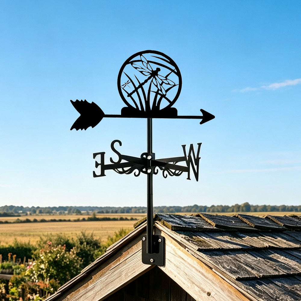 Dragonfly metal weather vane with directional arrows and mounting rod, outdoor roof and garden decoration