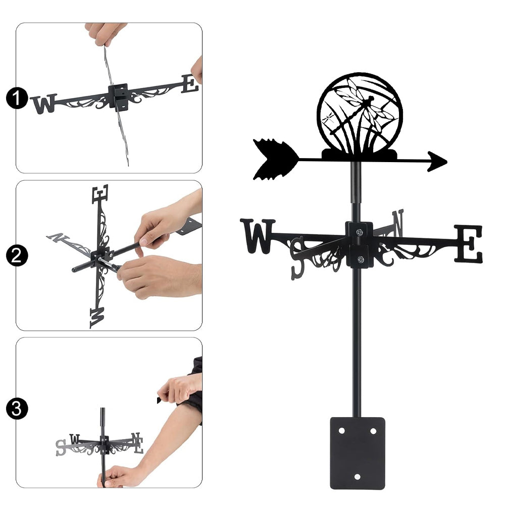 Dragonfly metal weather vane with directional arrows and mounting rod, outdoor roof and garden decoration