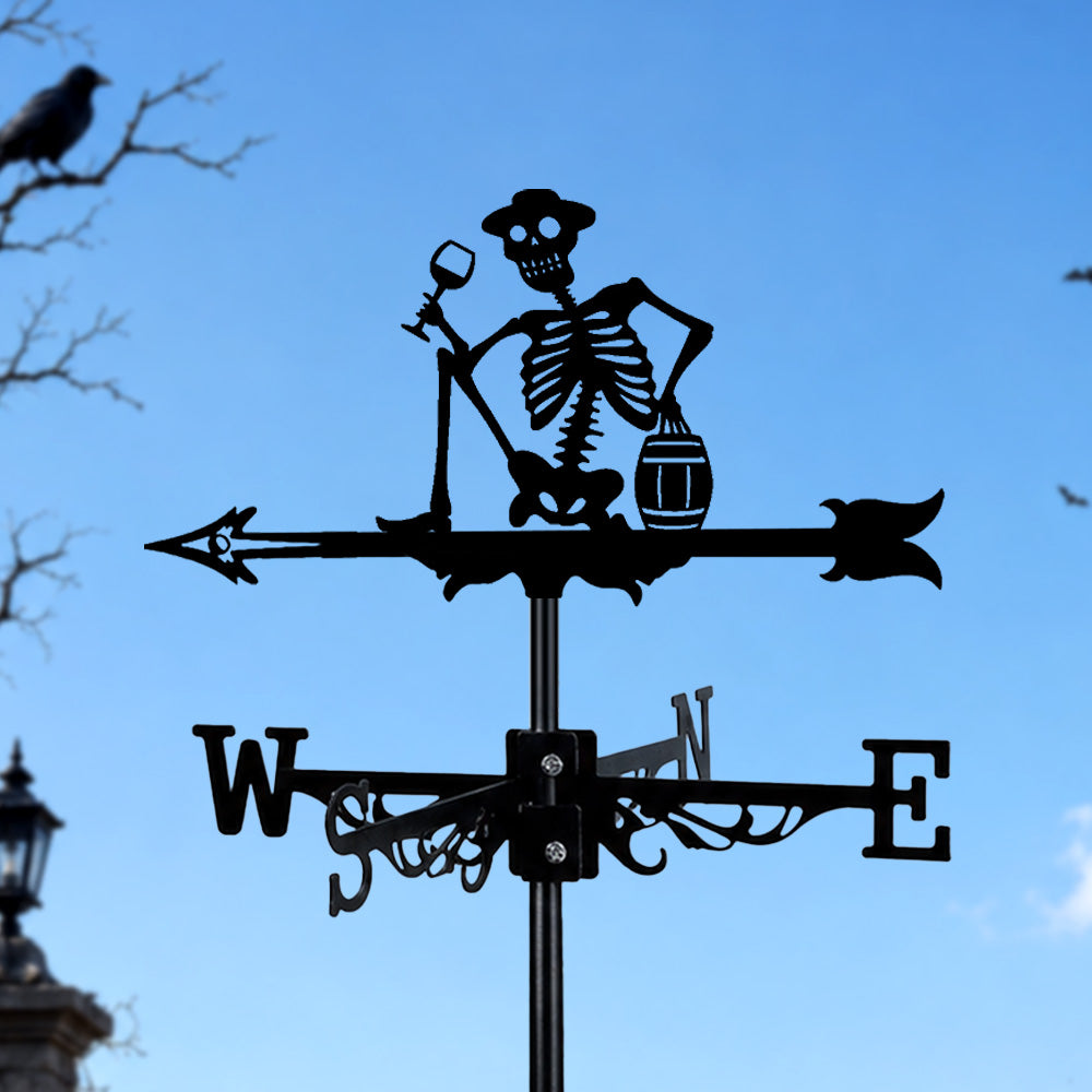 Drinking skeleton metal weather vane with directional arrows and mounting rod, outdoor roof and garden decoration