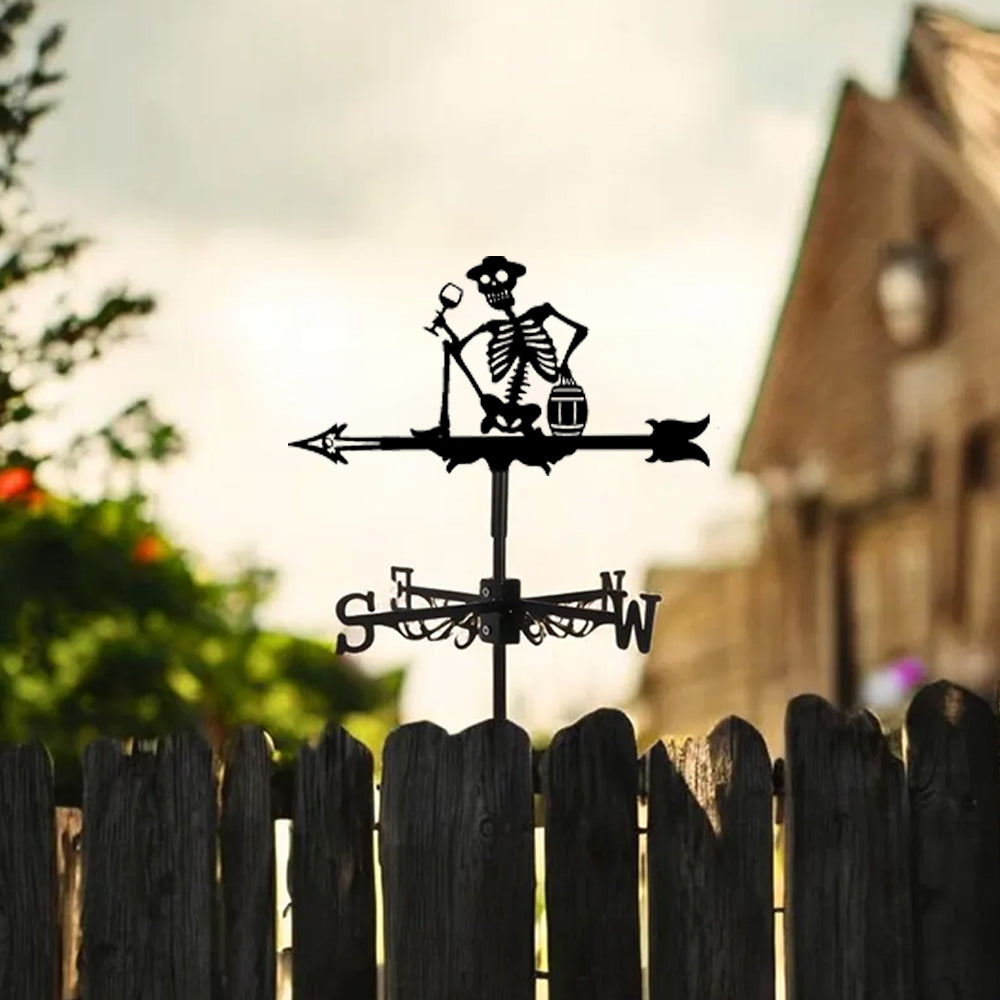 Drinking skeleton metal weather vane with directional arrows and mounting rod, outdoor roof and garden decoration