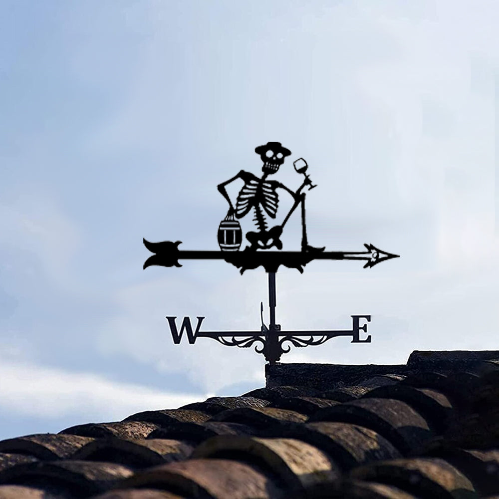Drinking skeleton metal weather vane with directional arrows and mounting rod, outdoor roof and garden decoration