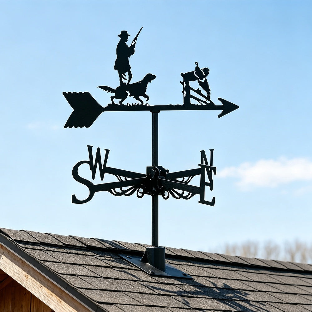 Duck hunting metal weather vane with directional arrows and mounting rod, outdoor roof and garden decoration