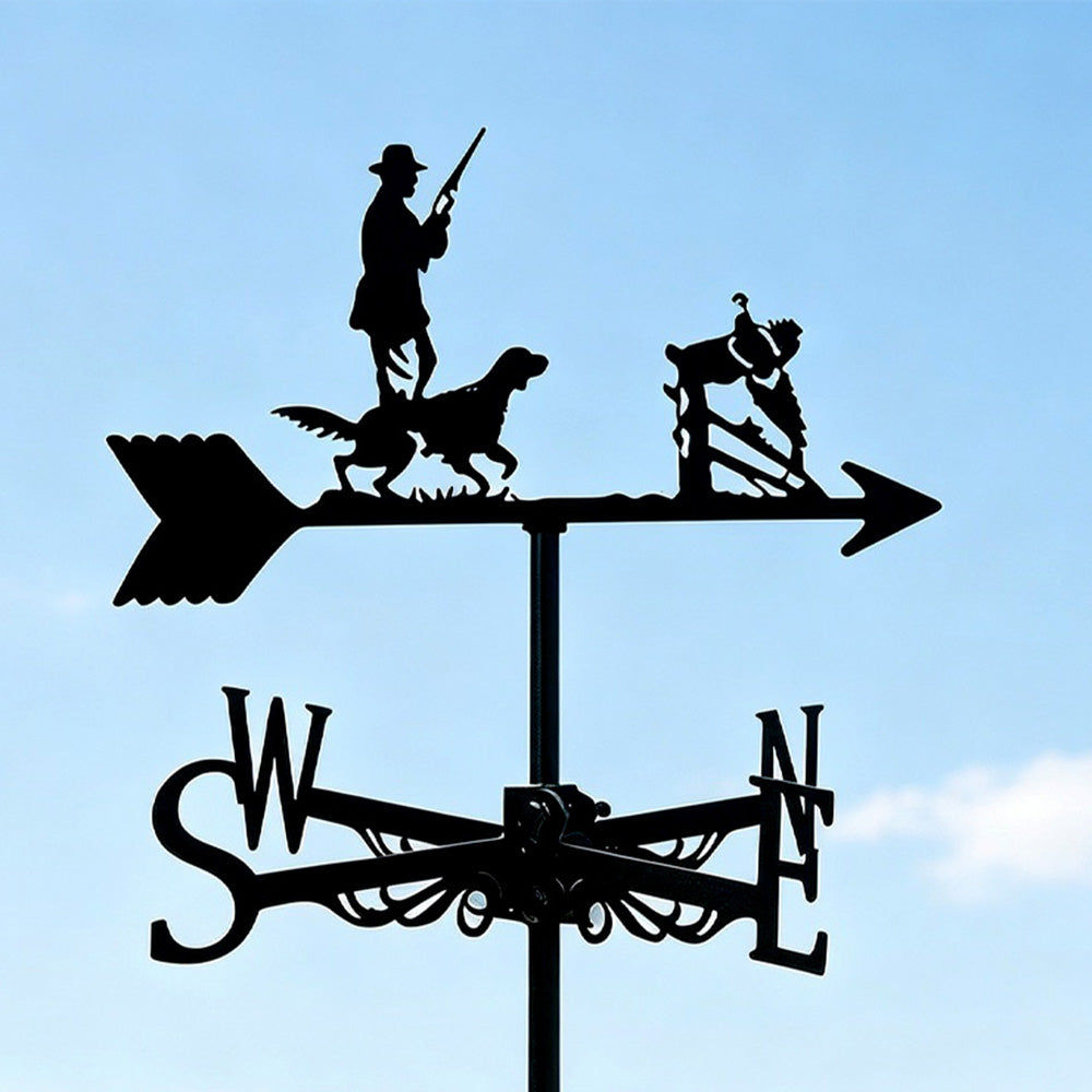 Duck hunting metal weather vane with directional arrows and mounting rod, outdoor roof and garden decoration