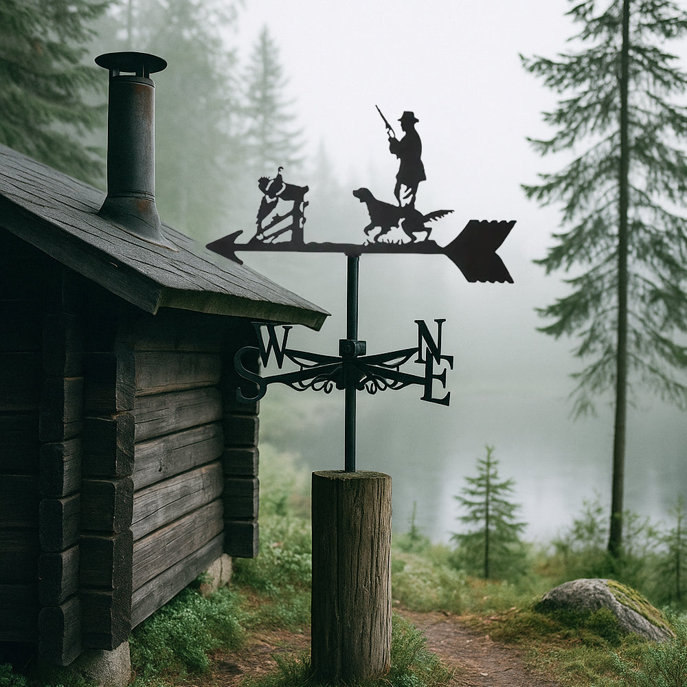 Duck hunting metal weather vane with directional arrows and mounting rod, outdoor roof and garden decoration