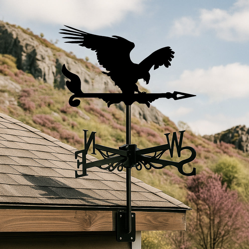 Eagle metal weather vane with directional arrows and mounting rod, outdoor roof and garden decoration