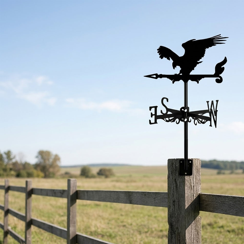 Eagle metal weather vane with directional arrows and mounting rod, outdoor roof and garden decoration