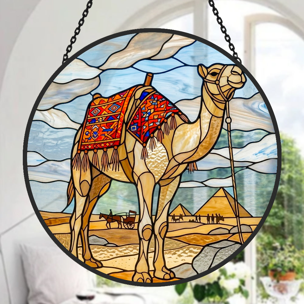 Egyptian camel & pyramids stained glass suncatcher window hanging, suitable for home and garden decoration