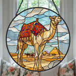 Egyptian camel & pyramids stained glass suncatcher window hanging, suitable for home and garden decoration