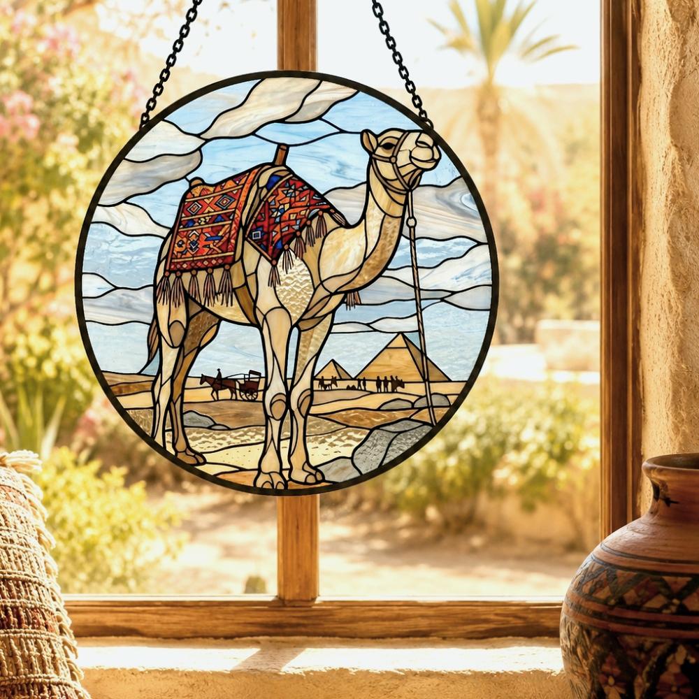 Egyptian camel & pyramids stained glass suncatcher window hanging, suitable for home and garden decoration