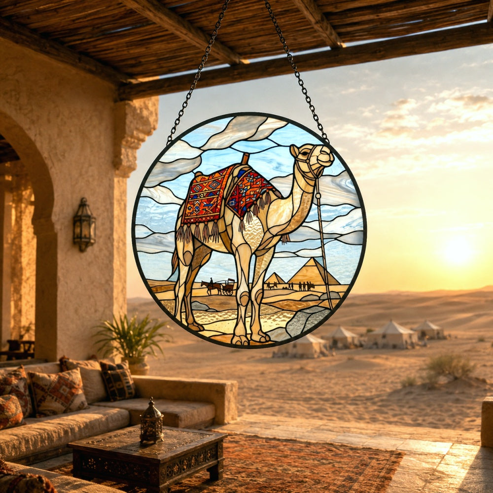 Egyptian camel & pyramids stained glass suncatcher window hanging, suitable for home and garden decoration