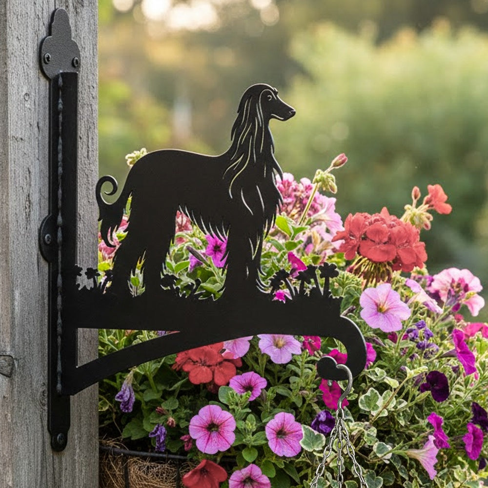 Elegant afghan hound metal hanging basket bracket mounted on outdoor wall for plant decoration