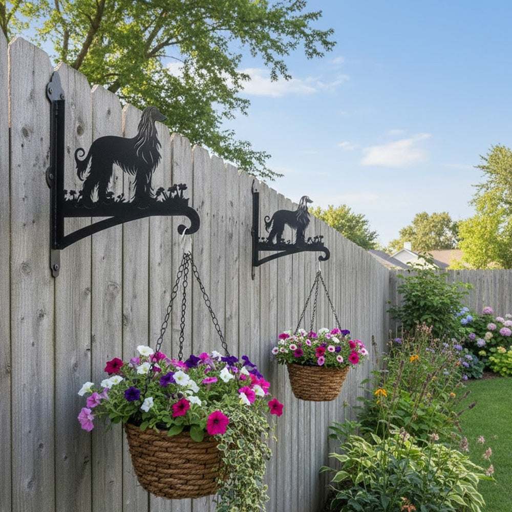 Elegant afghan hound metal hanging basket bracket mounted on outdoor wall for plant decoration