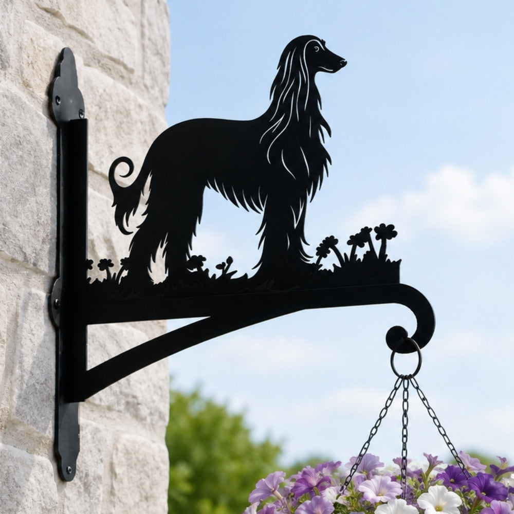 Elegant afghan hound metal hanging basket bracket mounted on outdoor wall for plant decoration