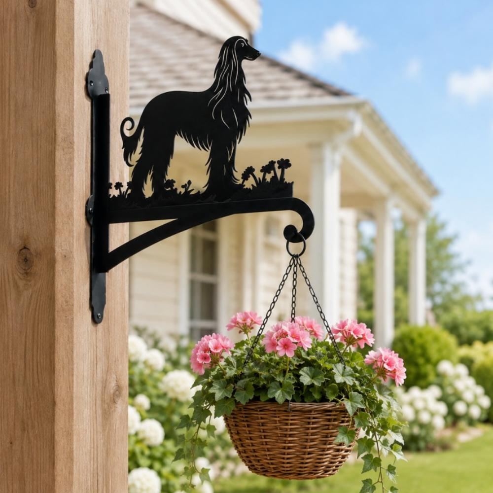 Elegant afghan hound metal hanging basket bracket mounted on outdoor wall for plant decoration