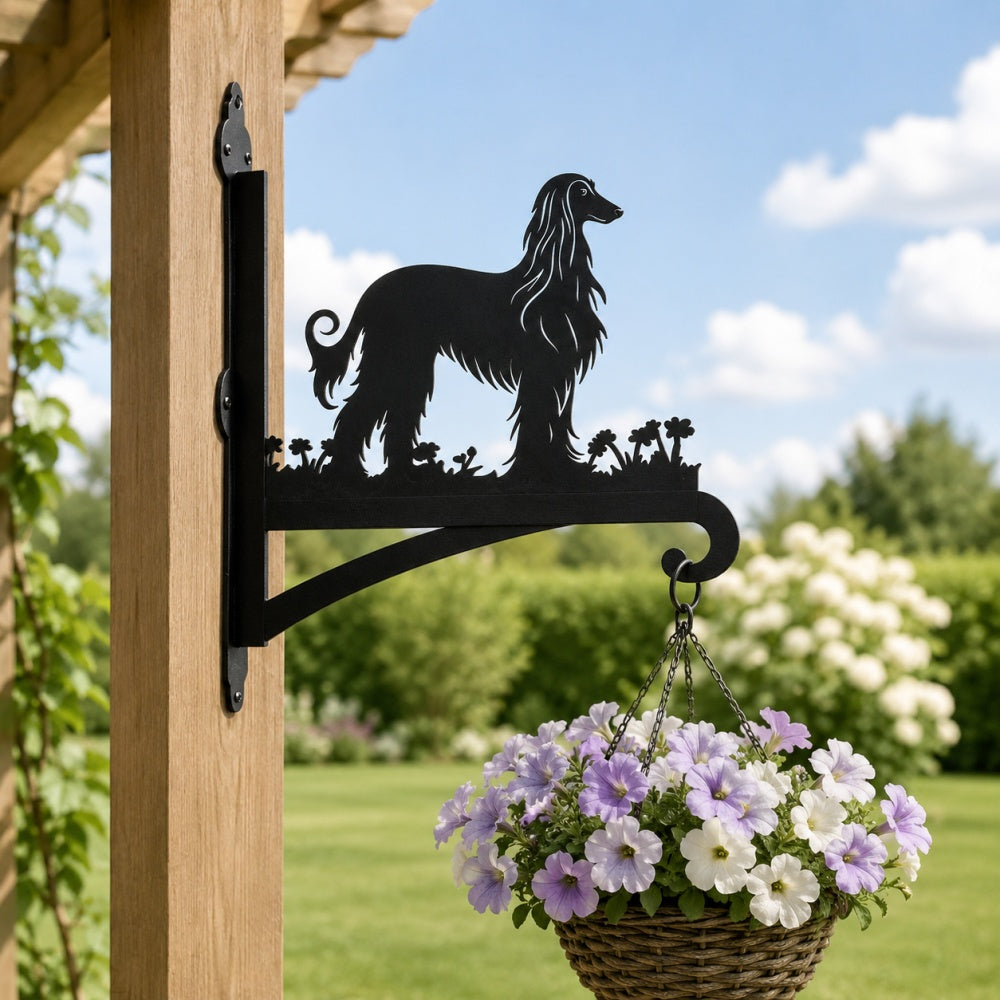 Elegant afghan hound metal hanging basket bracket mounted on outdoor wall for plant decoration