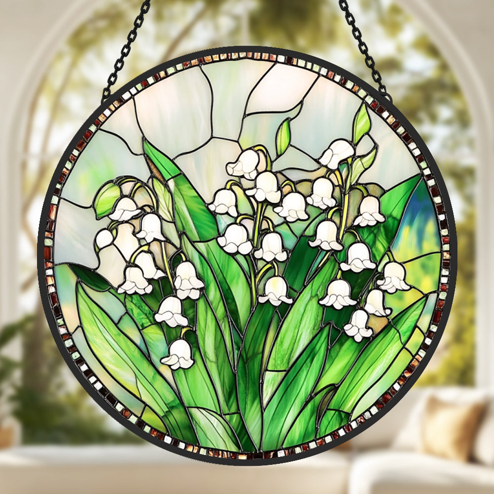 Elegant lily of the valley botanical stained glass suncatcher window hanging, suitable for home and garden decoration