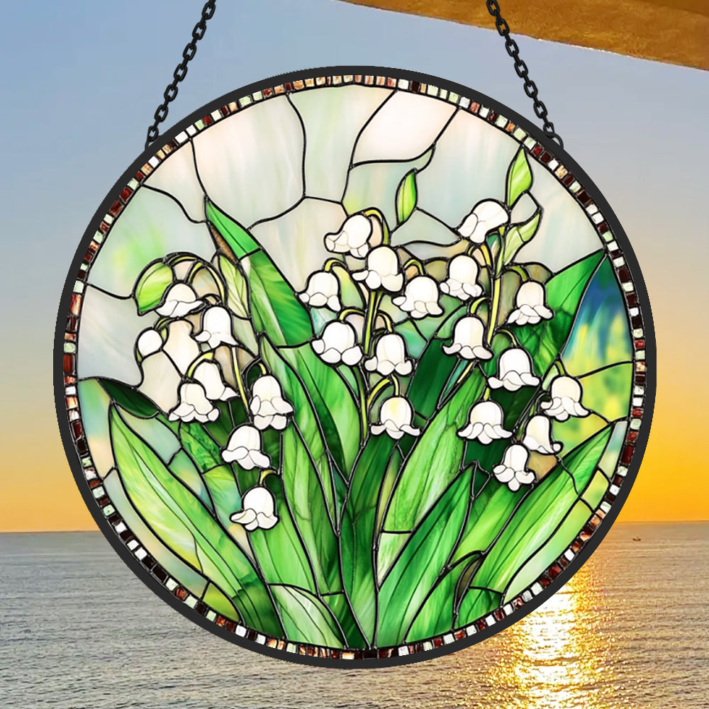 Elegant lily of the valley botanical stained glass suncatcher window hanging, suitable for home and garden decoration