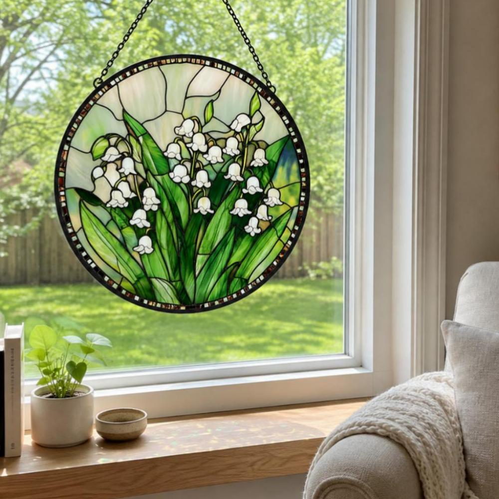 Elegant lily of the valley botanical stained glass suncatcher window hanging, suitable for home and garden decoration