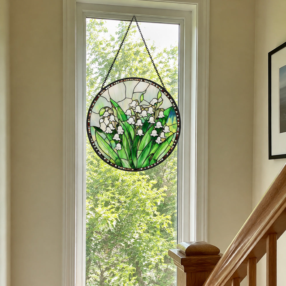 Elegant lily of the valley botanical stained glass suncatcher window hanging, suitable for home and garden decoration