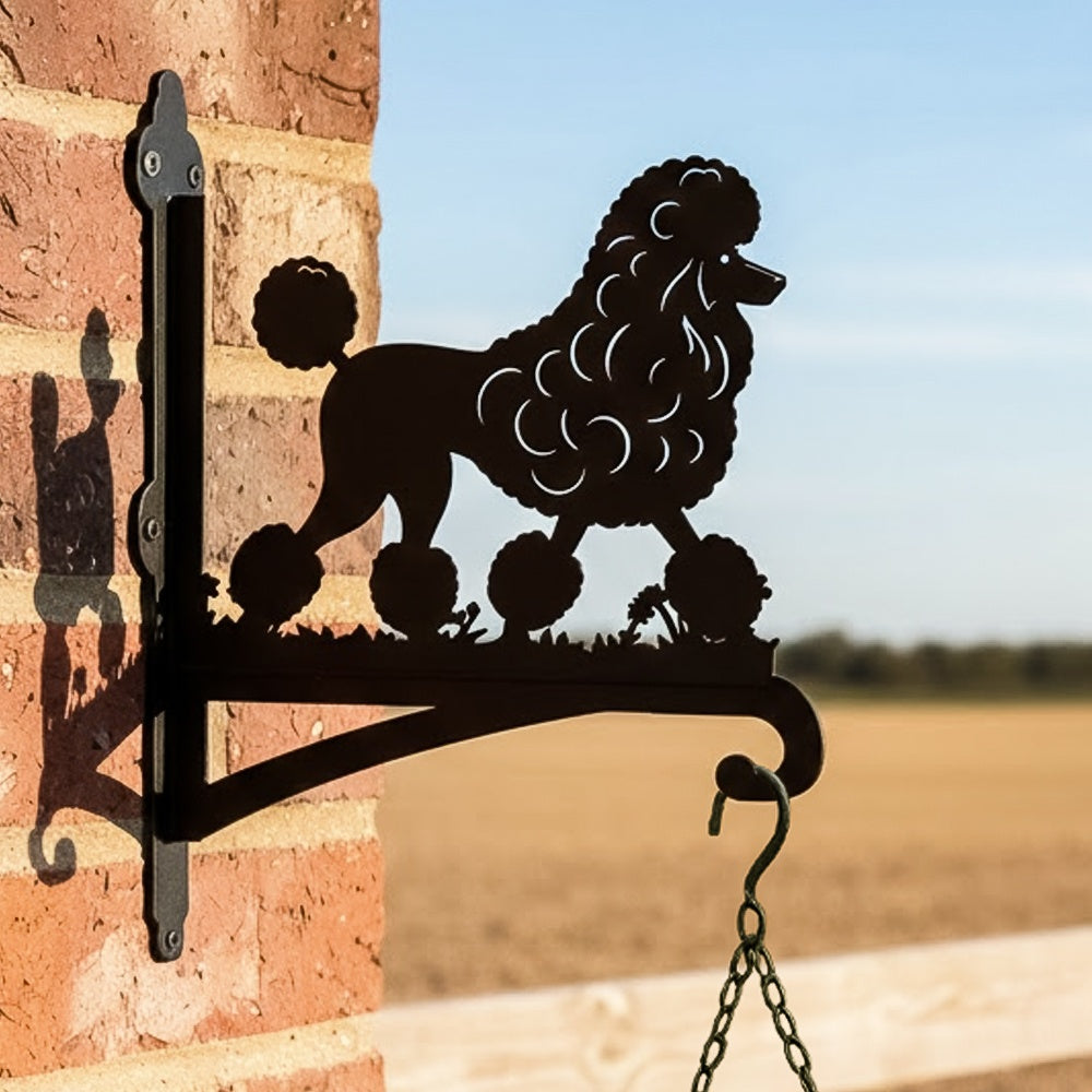 Poodle metal hanging basket bracket mounted on outdoor wall for plant decoration