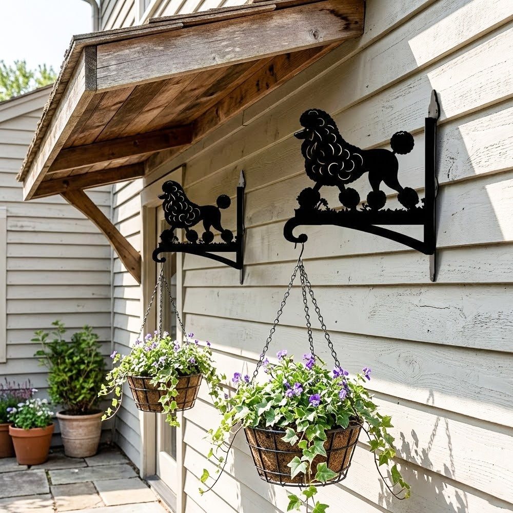 Poodle metal hanging basket bracket mounted on outdoor wall for plant decoration