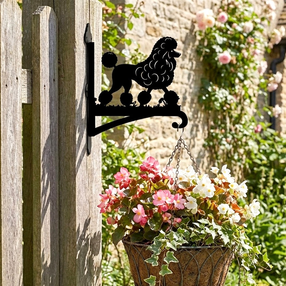 Poodle metal hanging basket bracket mounted on outdoor wall for plant decoration
