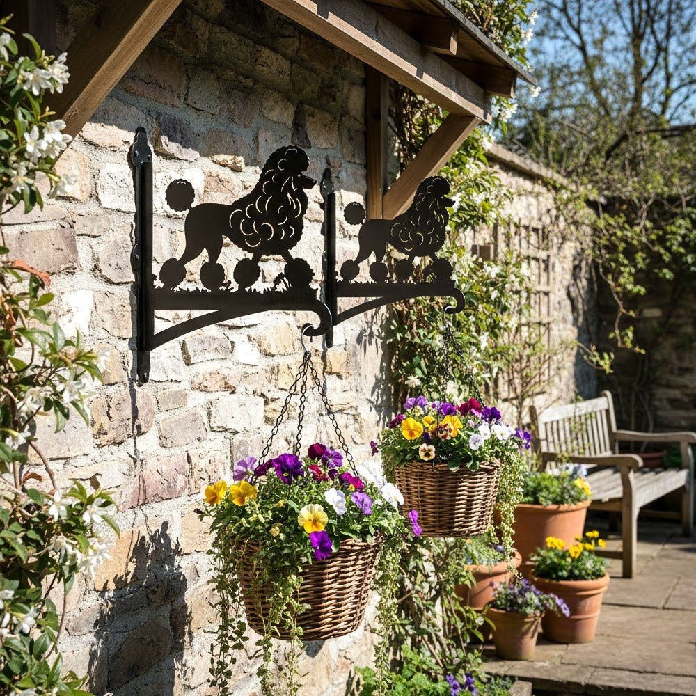Poodle metal hanging basket bracket mounted on outdoor wall for plant decoration