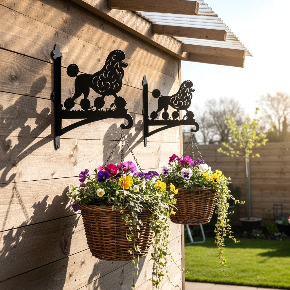 Poodle metal hanging basket bracket mounted on outdoor wall for plant decoration