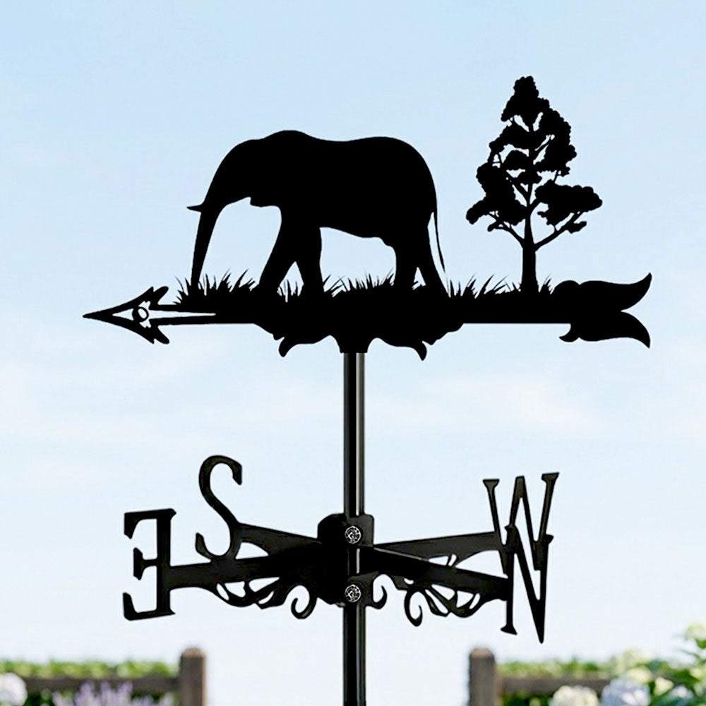 Elephant metal weather vane with directional arrows and mounting rod, outdoor roof and garden decoration