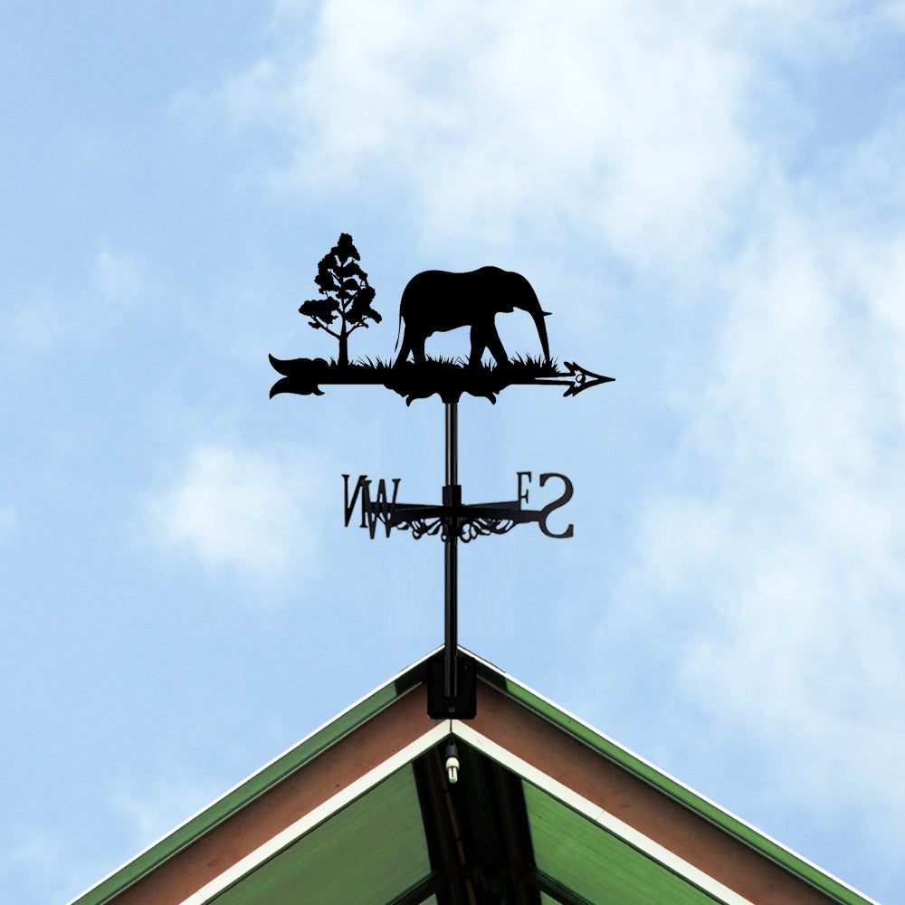 Elephant metal weather vane with directional arrows and mounting rod, outdoor roof and garden decoration