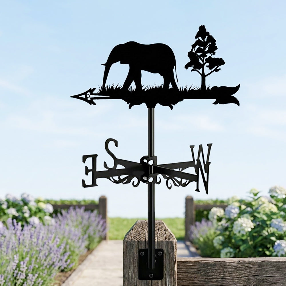 Elephant metal weather vane with directional arrows and mounting rod, outdoor roof and garden decoration
