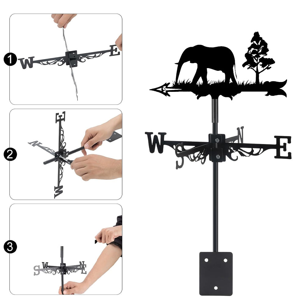 Elephant metal weather vane with directional arrows and mounting rod, outdoor roof and garden decoration