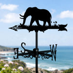 Elephant metal weather vane with directional arrows and mounting rod, outdoor roof and garden decoration