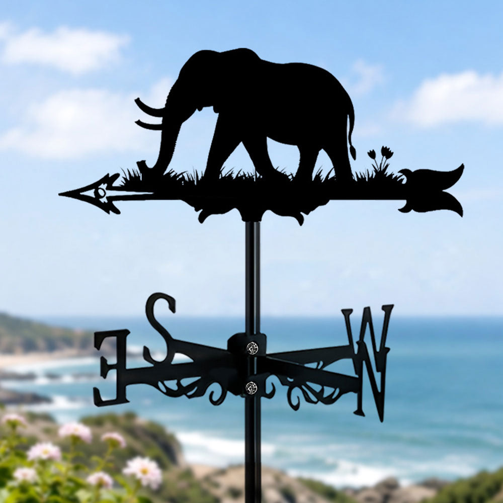 Elephant metal weather vane with directional arrows and mounting rod, outdoor roof and garden decoration